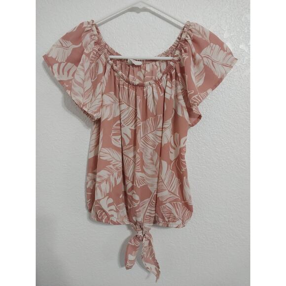 Sienna Tops - Sienna Sky Womens Pink White Tropical Palm Leaf Size XS Blouse Flutter Sleeve